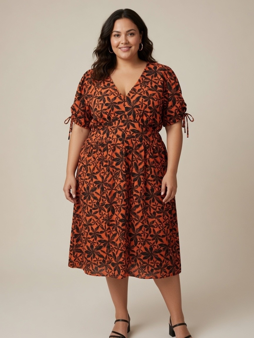 Ava And Viv Plus Size Burnt Orange Floral V-Neck Midi Dress